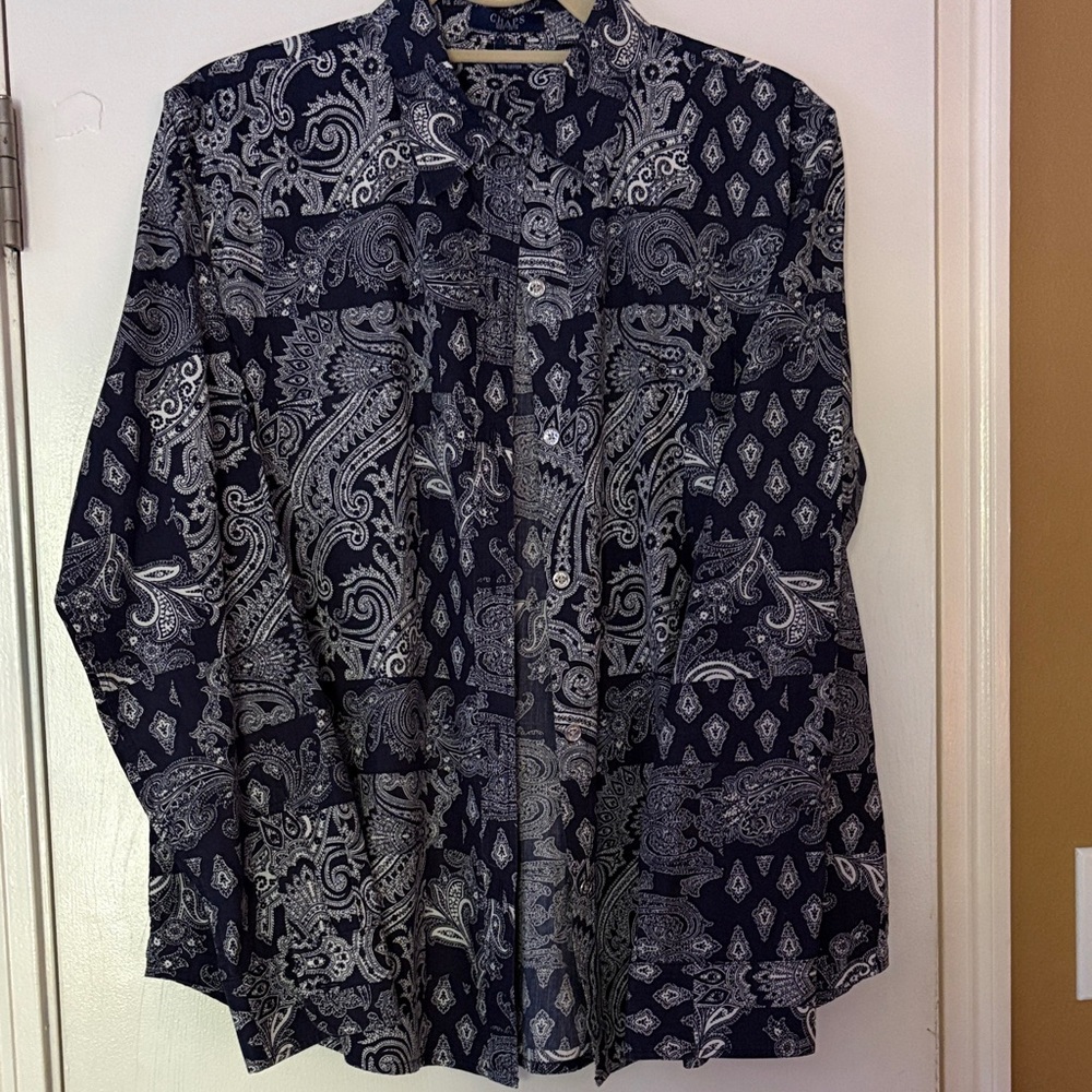 Chaps Navy and White Paisley Button-Up Blouse